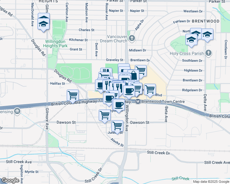 map of restaurants, bars, coffee shops, grocery stores, and more near 4400 Buchanan Street in Burnaby