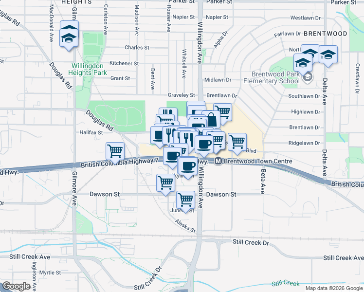 map of restaurants, bars, coffee shops, grocery stores, and more near 4400 Buchanan Street in Burnaby