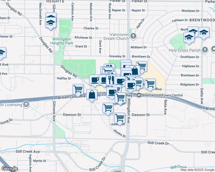 map of restaurants, bars, coffee shops, grocery stores, and more near 1889 Rosser Avenue in Burnaby