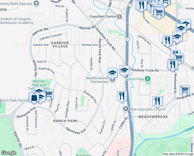 map of restaurants, bars, coffee shops, grocery stores, and more near 953 Ranch Park Way in Coquitlam