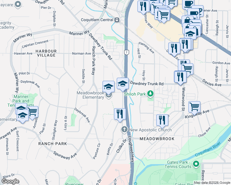 map of restaurants, bars, coffee shops, grocery stores, and more near 2931 Burton Court in Coquitlam