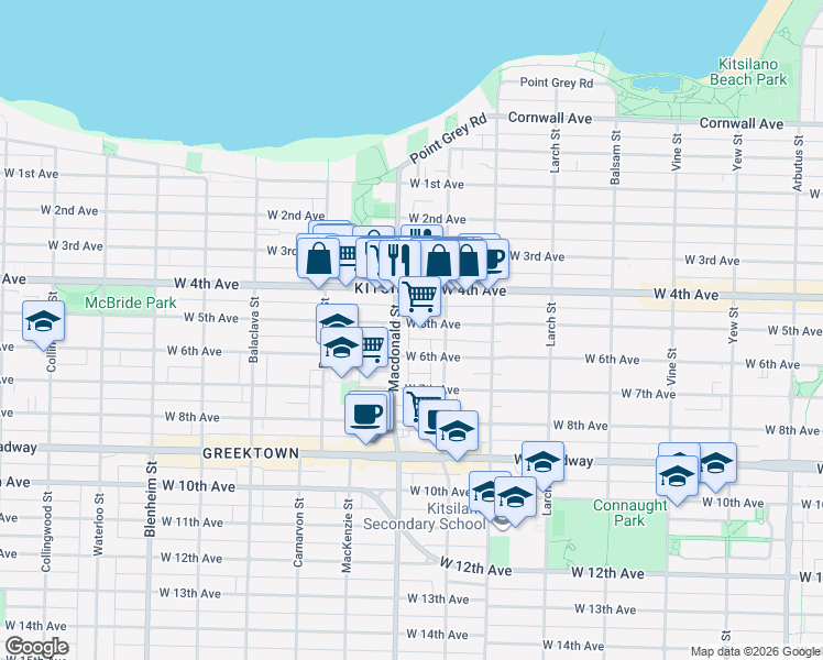 map of restaurants, bars, coffee shops, grocery stores, and more near 2770 West 5th Avenue in Vancouver
