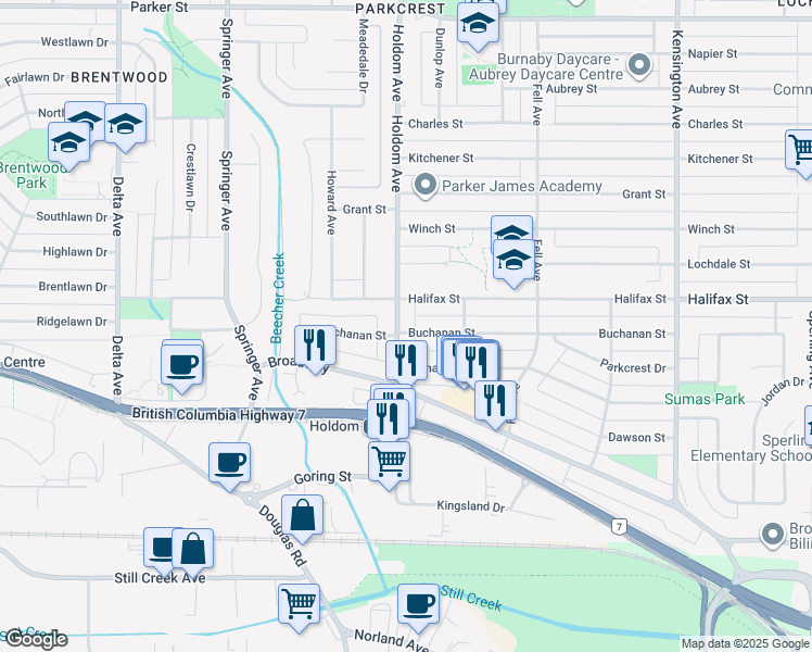 map of restaurants, bars, coffee shops, grocery stores, and more near 5721 Buchanan Street in Burnaby