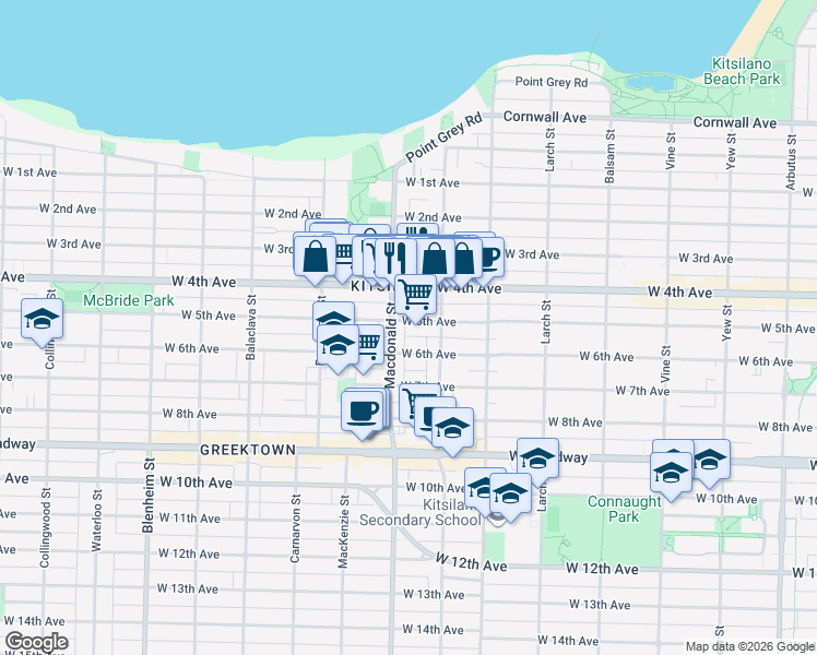 map of restaurants, bars, coffee shops, grocery stores, and more near in Vancouver