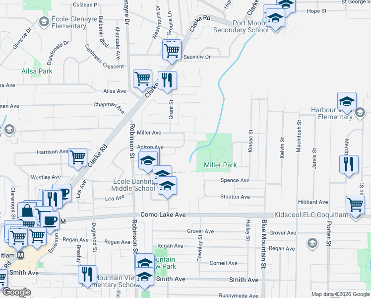 map of restaurants, bars, coffee shops, grocery stores, and more near 794 Adiron Avenue in Coquitlam
