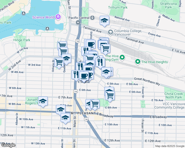map of restaurants, bars, coffee shops, grocery stores, and more near in Vancouver