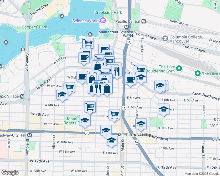 map of restaurants, bars, coffee shops, grocery stores, and more near 2004 Quebec Street in Vancouver