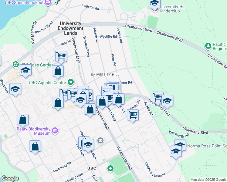 map of restaurants, bars, coffee shops, grocery stores, and more near 2088 Allison Road in Vancouver