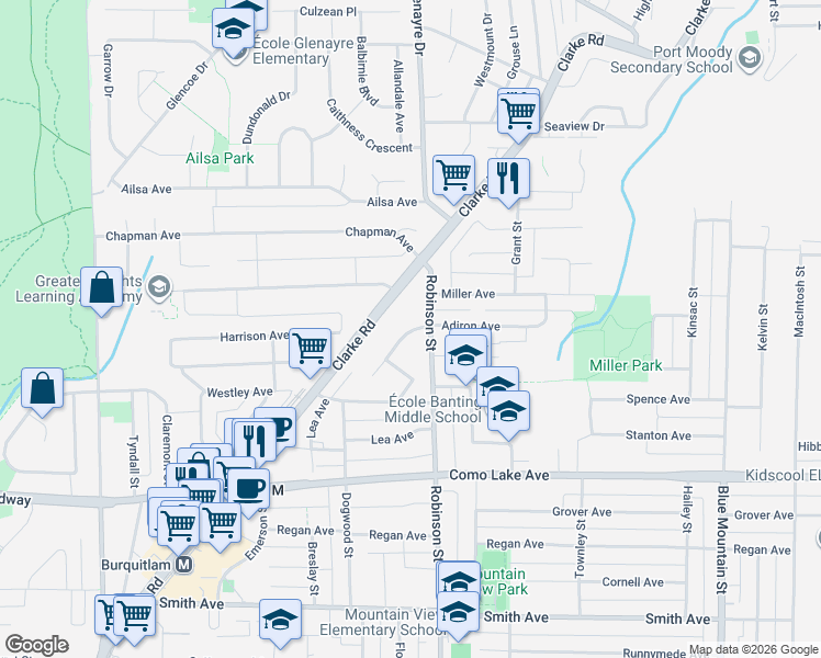 map of restaurants, bars, coffee shops, grocery stores, and more near 741 Anskar Court in Port Moody