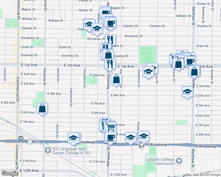map of restaurants, bars, coffee shops, grocery stores, and more near 1930 Nanaimo Street in Vancouver