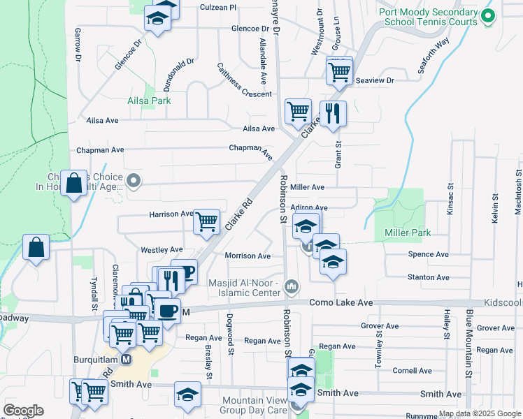 map of restaurants, bars, coffee shops, grocery stores, and more near 741 Anskar Court in Coquitlam