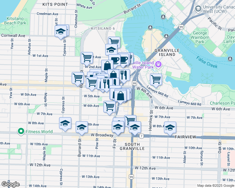 map of restaurants, bars, coffee shops, grocery stores, and more near in Vancouver