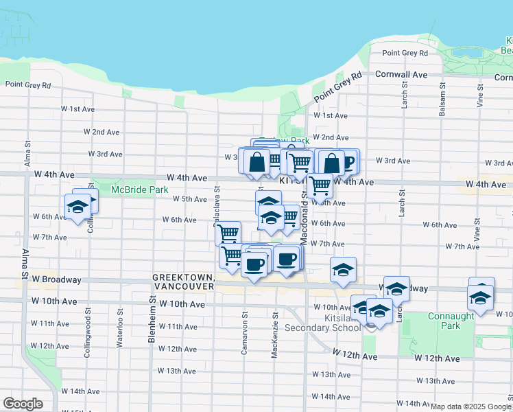map of restaurants, bars, coffee shops, grocery stores, and more near 2954 West 5th Avenue in Vancouver