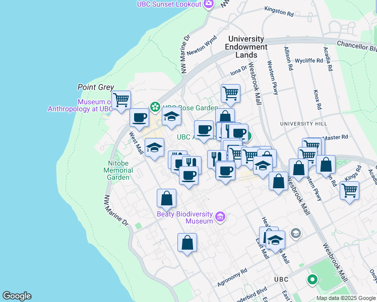 map of restaurants, bars, coffee shops, grocery stores, and more near 1956 Main Mall in Vancouver