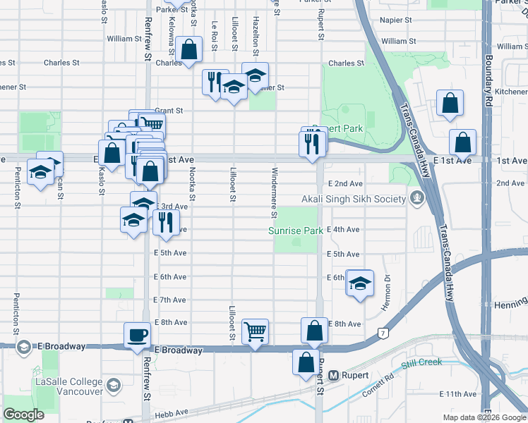 map of restaurants, bars, coffee shops, grocery stores, and more near 3180 East 3rd Avenue in Vancouver