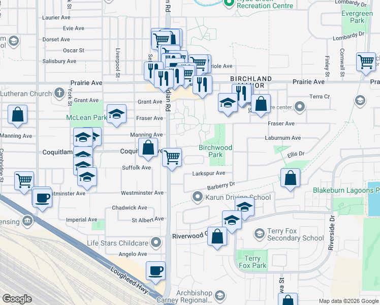 map of restaurants, bars, coffee shops, grocery stores, and more near 2986 Coast Meridian Road in Port Coquitlam