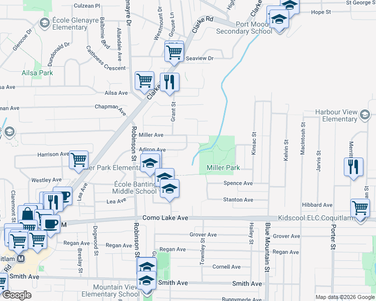 map of restaurants, bars, coffee shops, grocery stores, and more near 794 Adiron Avenue in Coquitlam