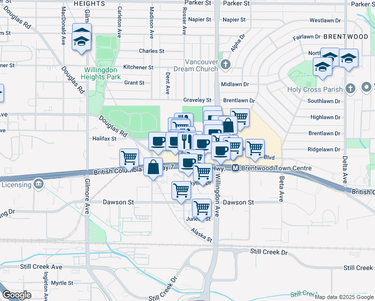 map of restaurants, bars, coffee shops, grocery stores, and more near 1899 Rosser Avenue in Burnaby