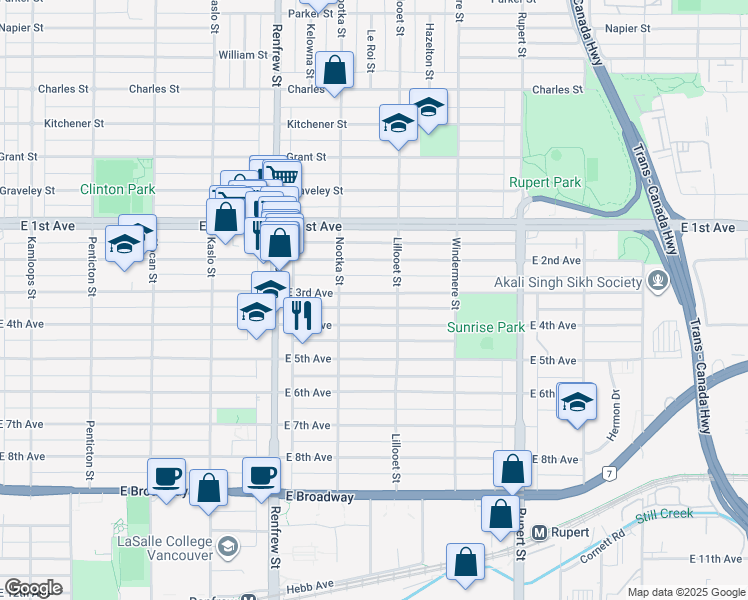 map of restaurants, bars, coffee shops, grocery stores, and more near 3066 East 3rd Avenue in Vancouver