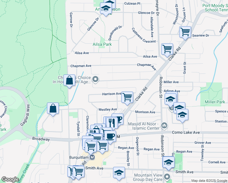 map of restaurants, bars, coffee shops, grocery stores, and more near 617 Harrison Avenue in Coquitlam