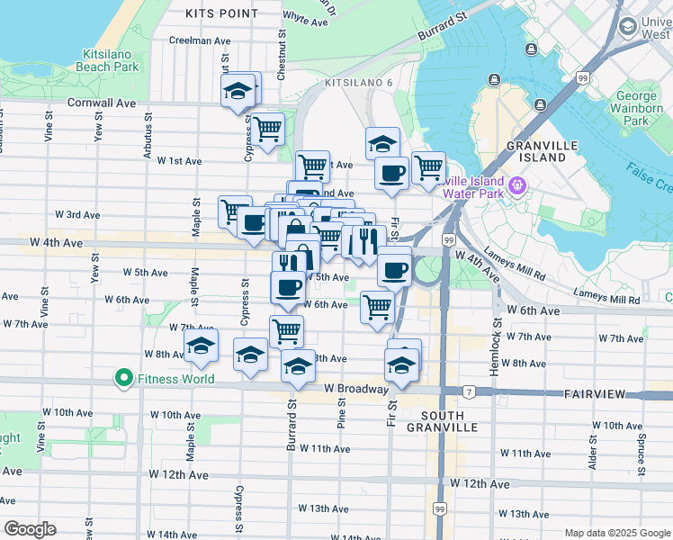 map of restaurants, bars, coffee shops, grocery stores, and more near 1766 West 4th Avenue in Vancouver