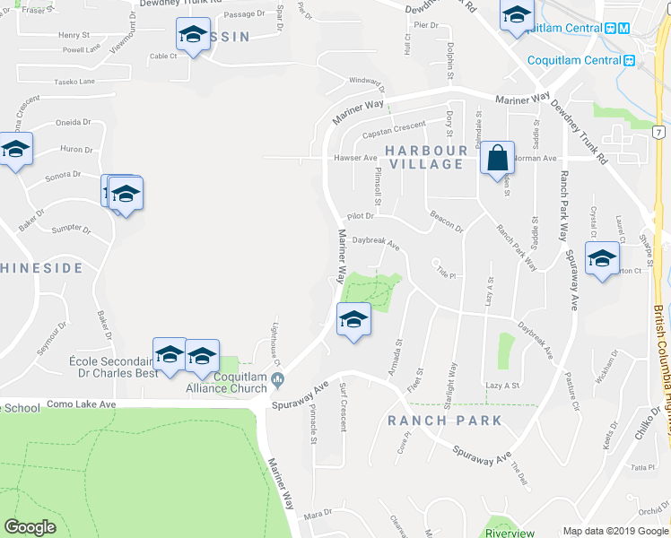 map of restaurants, bars, coffee shops, grocery stores, and more near 3090 Mariner Way in Coquitlam