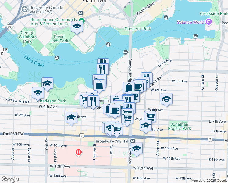 map of restaurants, bars, coffee shops, grocery stores, and more near 522 Moberly Road in Vancouver