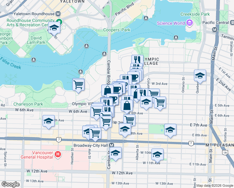 map of restaurants, bars, coffee shops, grocery stores, and more near 445 West 2nd Avenue in Vancouver