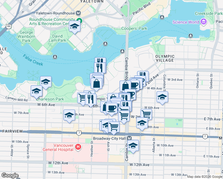 map of restaurants, bars, coffee shops, grocery stores, and more near 522 Moberly Road in Vancouver
