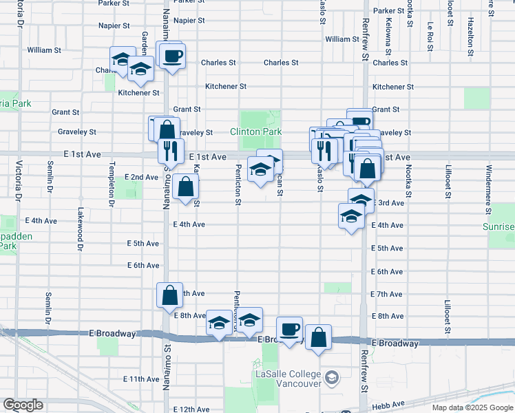 map of restaurants, bars, coffee shops, grocery stores, and more near 2686 East 3rd Avenue in Vancouver