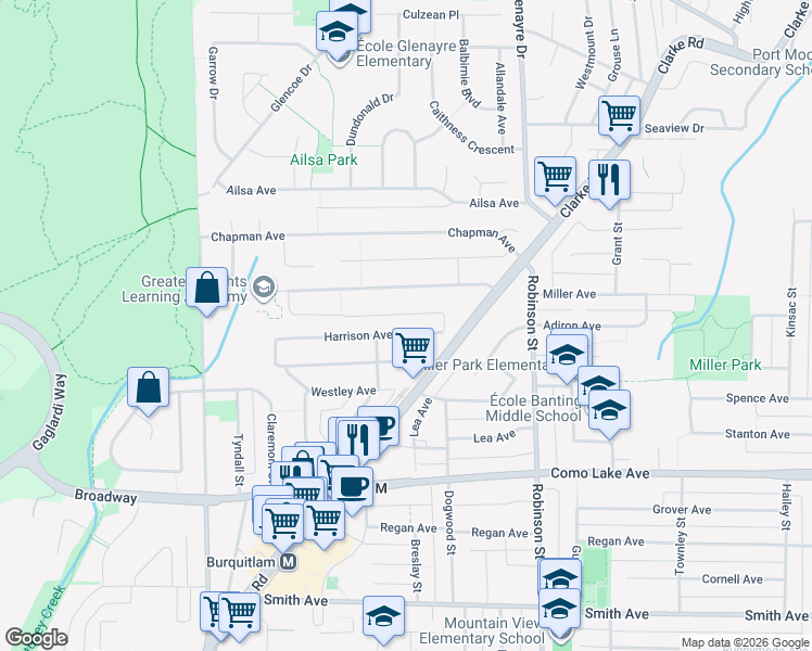 map of restaurants, bars, coffee shops, grocery stores, and more near 643 Harrison Avenue in Coquitlam