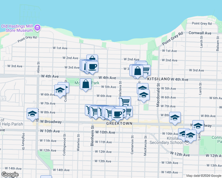 map of restaurants, bars, coffee shops, grocery stores, and more near 3174 West 5th Avenue in Vancouver
