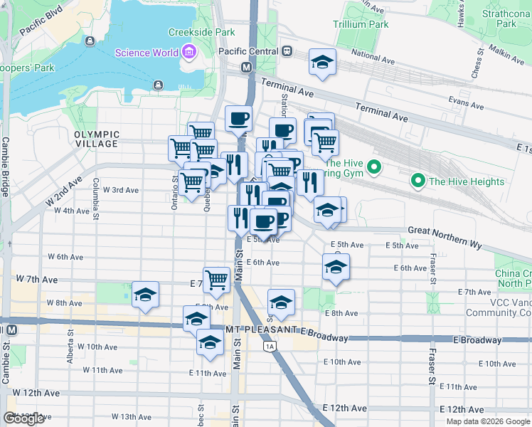 map of restaurants, bars, coffee shops, grocery stores, and more near 261 East 4th Avenue in Vancouver