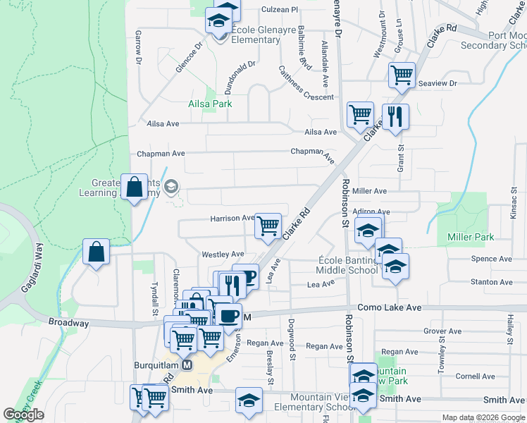map of restaurants, bars, coffee shops, grocery stores, and more near 635 Harrison Avenue in Coquitlam