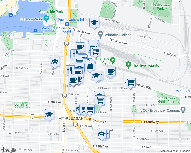 map of restaurants, bars, coffee shops, grocery stores, and more near 384 East 1st Avenue in Vancouver