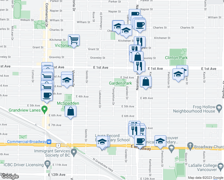 map of restaurants, bars, coffee shops, grocery stores, and more near 1915 Templeton Drive in Vancouver