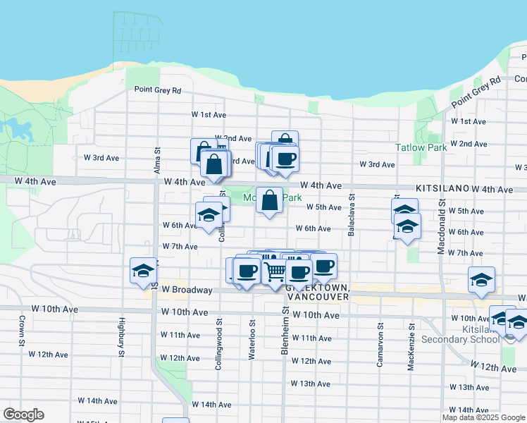 map of restaurants, bars, coffee shops, grocery stores, and more near 3380 West 5th Avenue in Vancouver