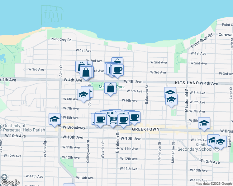 map of restaurants, bars, coffee shops, grocery stores, and more near 3302 West 5th Avenue in Vancouver
