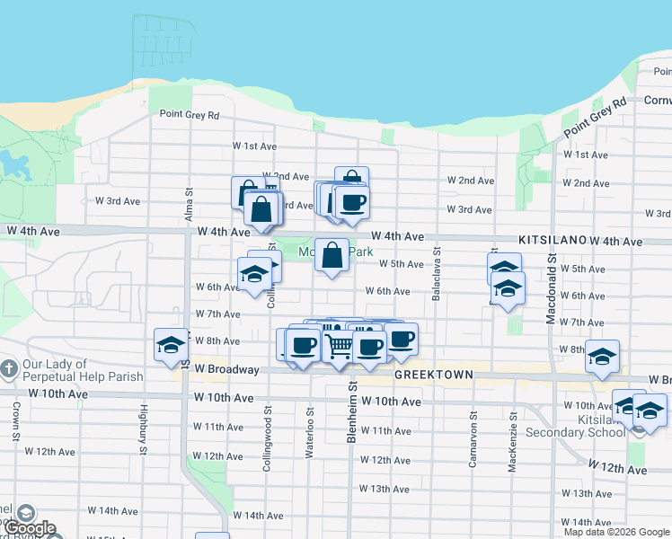 map of restaurants, bars, coffee shops, grocery stores, and more near 3342 West 5th Avenue in Vancouver