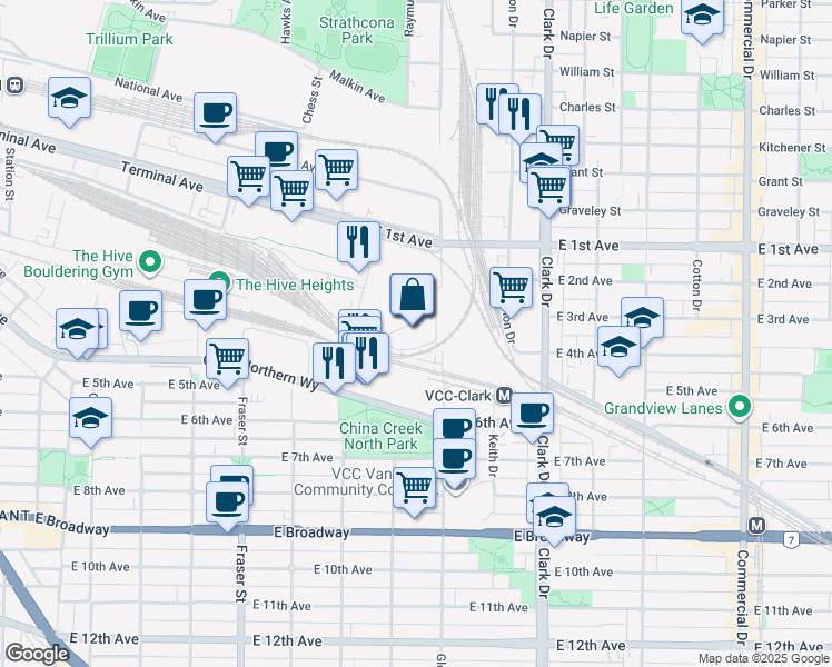 map of restaurants, bars, coffee shops, grocery stores, and more near 1951 Glen Drive in Vancouver