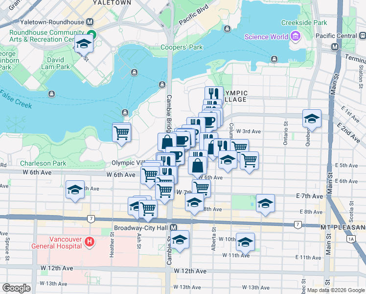 map of restaurants, bars, coffee shops, grocery stores, and more near 430 West 2nd Avenue in Vancouver
