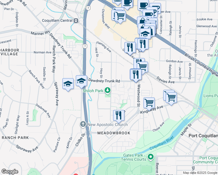 map of restaurants, bars, coffee shops, grocery stores, and more near 948 Irvine Street in Coquitlam