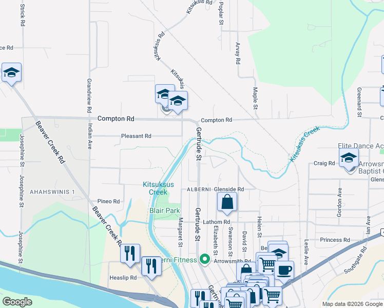 map of restaurants, bars, coffee shops, grocery stores, and more near 5200 Gertrude Street in Port Alberni