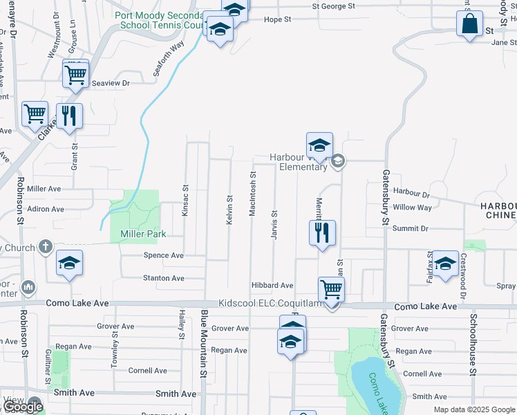 map of restaurants, bars, coffee shops, grocery stores, and more near 941 Macintosh Street in Coquitlam
