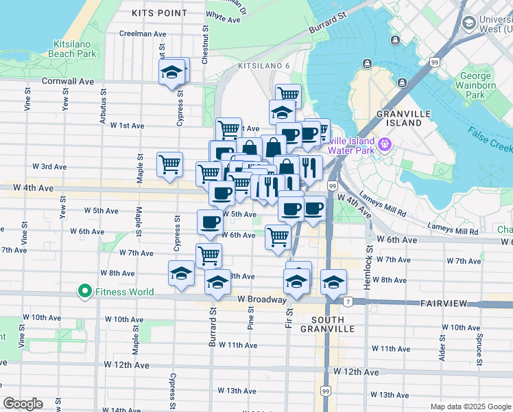 map of restaurants, bars, coffee shops, grocery stores, and more near 1655 West 4th Avenue in Vancouver