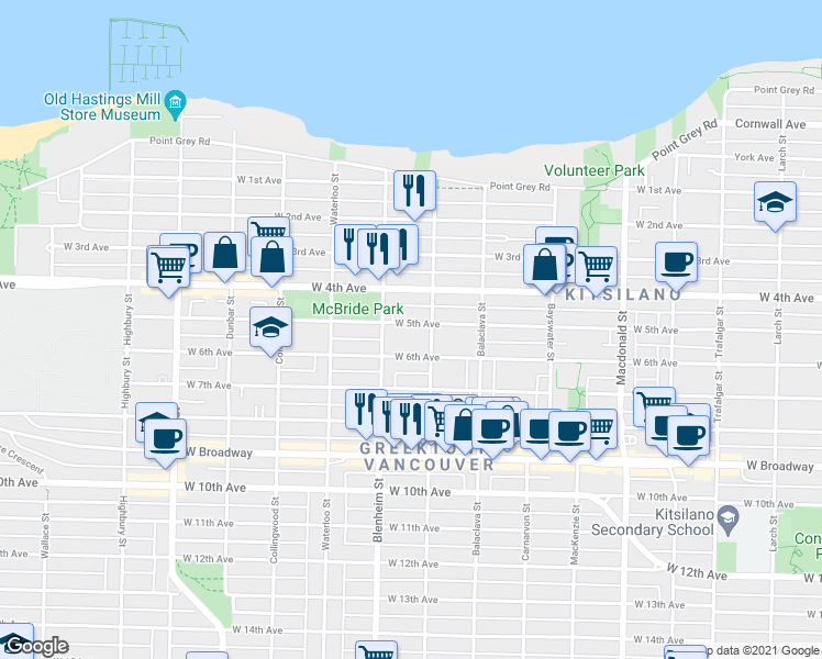 map of restaurants, bars, coffee shops, grocery stores, and more near 3232 West 5th Avenue in Vancouver