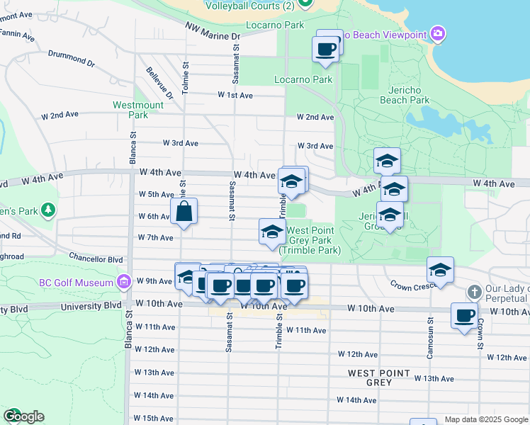 map of restaurants, bars, coffee shops, grocery stores, and more near 4427 West 6th Avenue in Vancouver