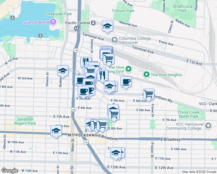 map of restaurants, bars, coffee shops, grocery stores, and more near 384 East 1st Avenue in Vancouver