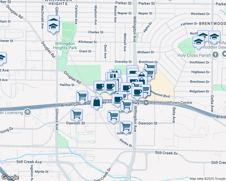 map of restaurants, bars, coffee shops, grocery stores, and more near 1809 Rosser Avenue in Burnaby