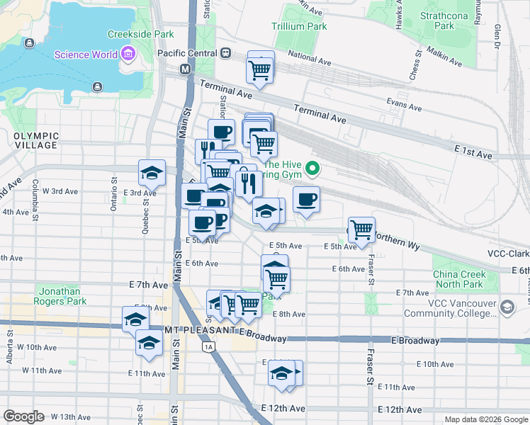 map of restaurants, bars, coffee shops, grocery stores, and more near 384 East 1st Avenue in Vancouver